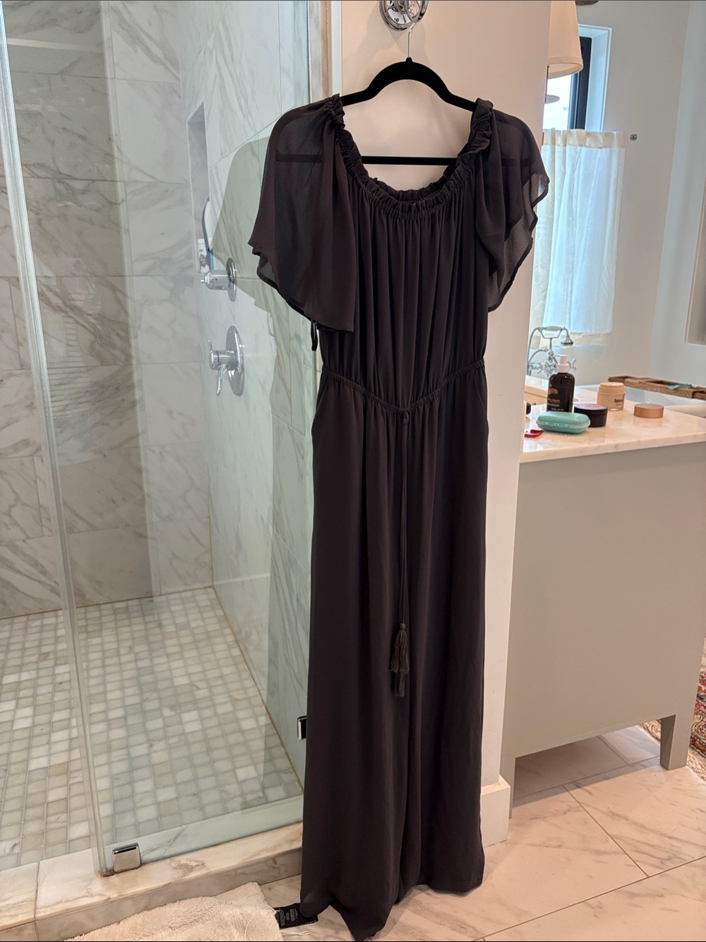 Women's Gray Flutter-Sleeve Jumpsuit with Waist Tie Size M